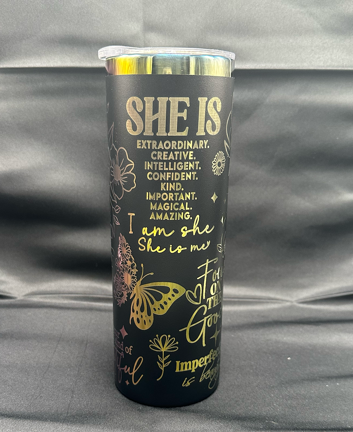 "SHE IS" 20oz Custom Engraved Rainbow Plated Tumbler